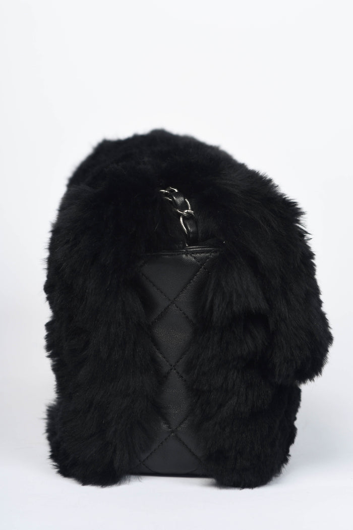 2010s Chanel Black Fur Single Flap Shoulder Bag