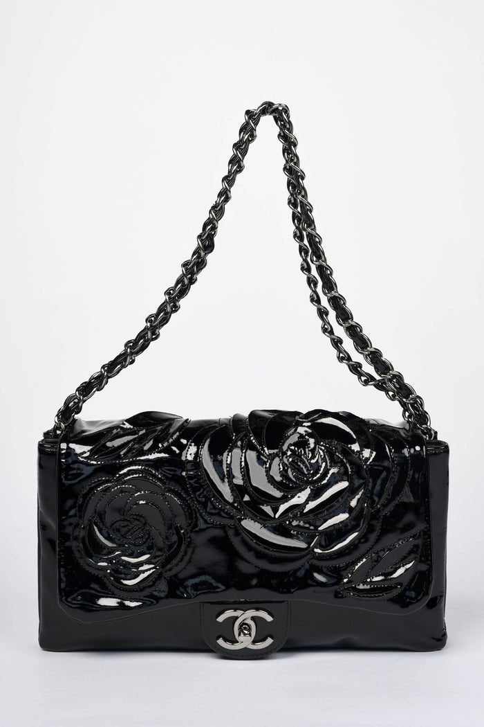 2010s Chanel Black Patent Leather Camellia Accordion Flap Shoulder Bag