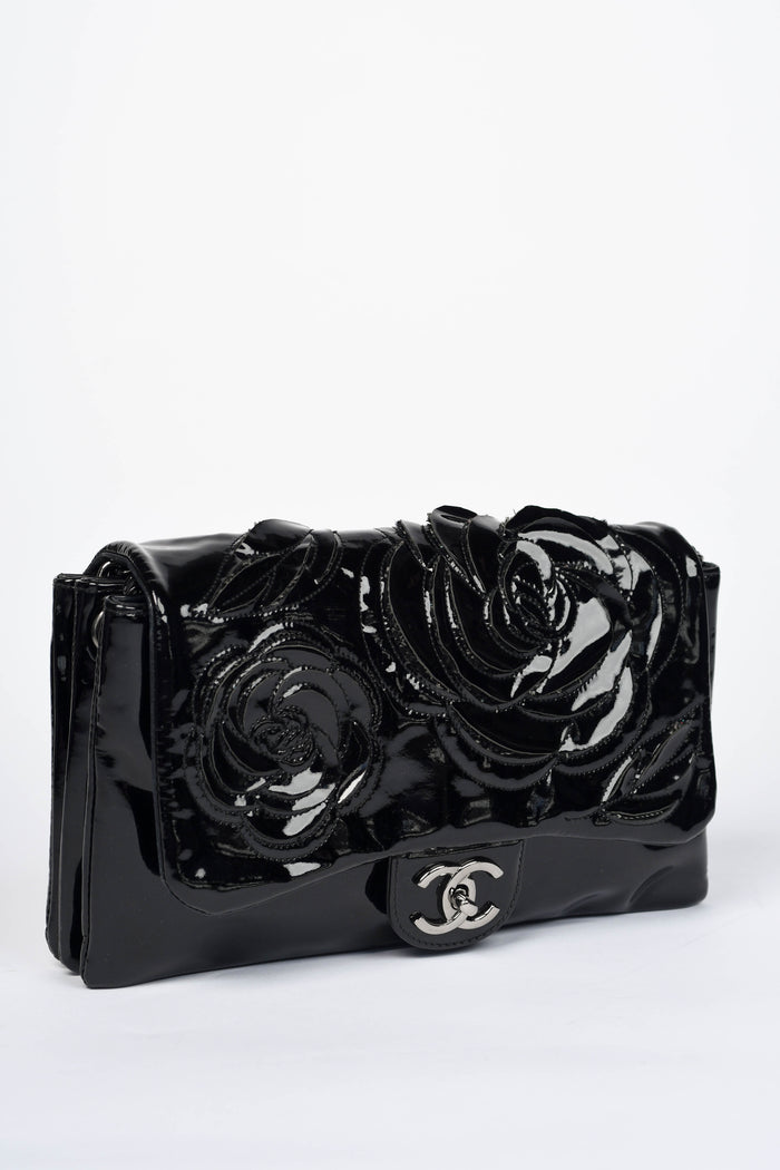 2010s Chanel Black Patent Leather Camellia Accordion Flap Shoulder Bag