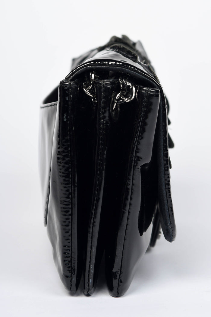 2010s Chanel Black Patent Leather Camellia Accordion Flap Shoulder Bag
