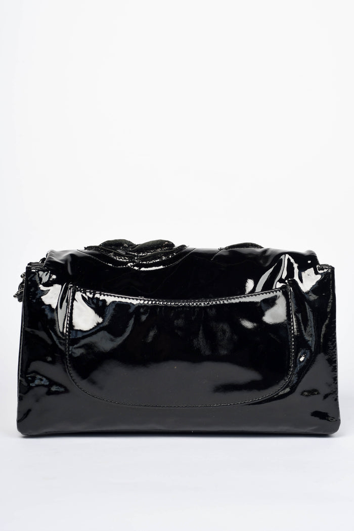 2010s Chanel Black Patent Leather Camellia Accordion Flap Shoulder Bag