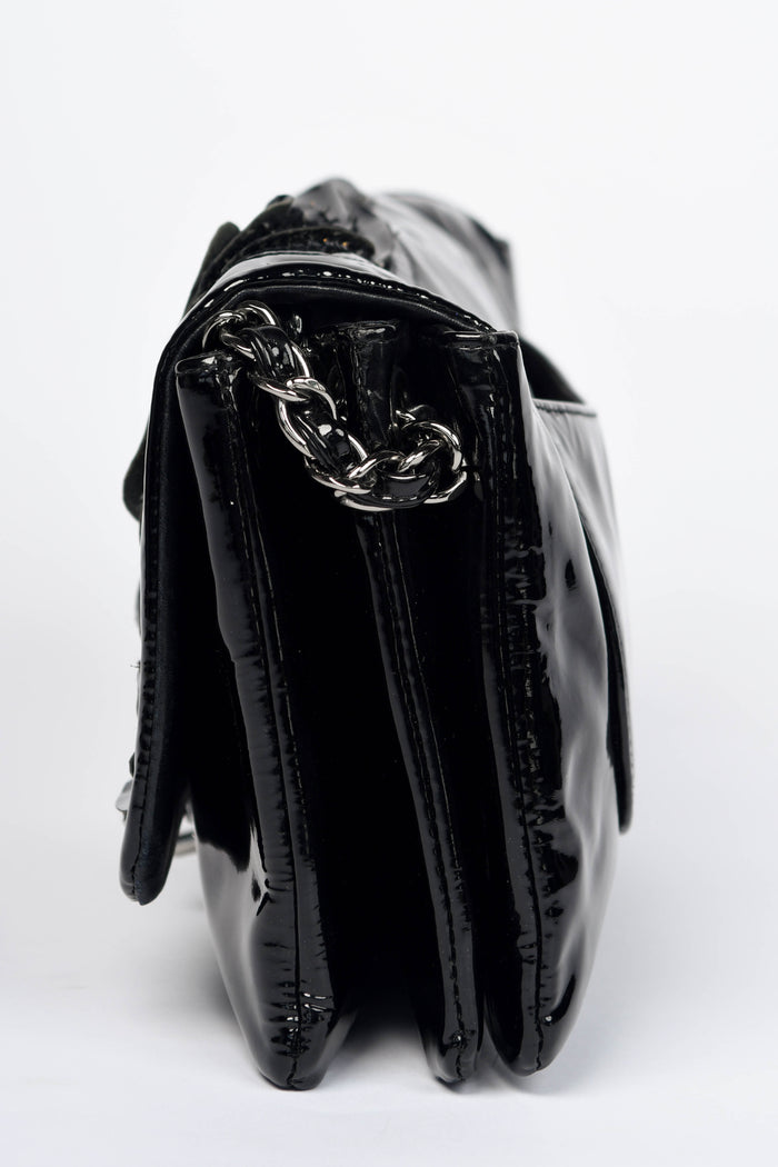 2010s Chanel Black Patent Leather Camellia Accordion Flap Shoulder Bag
