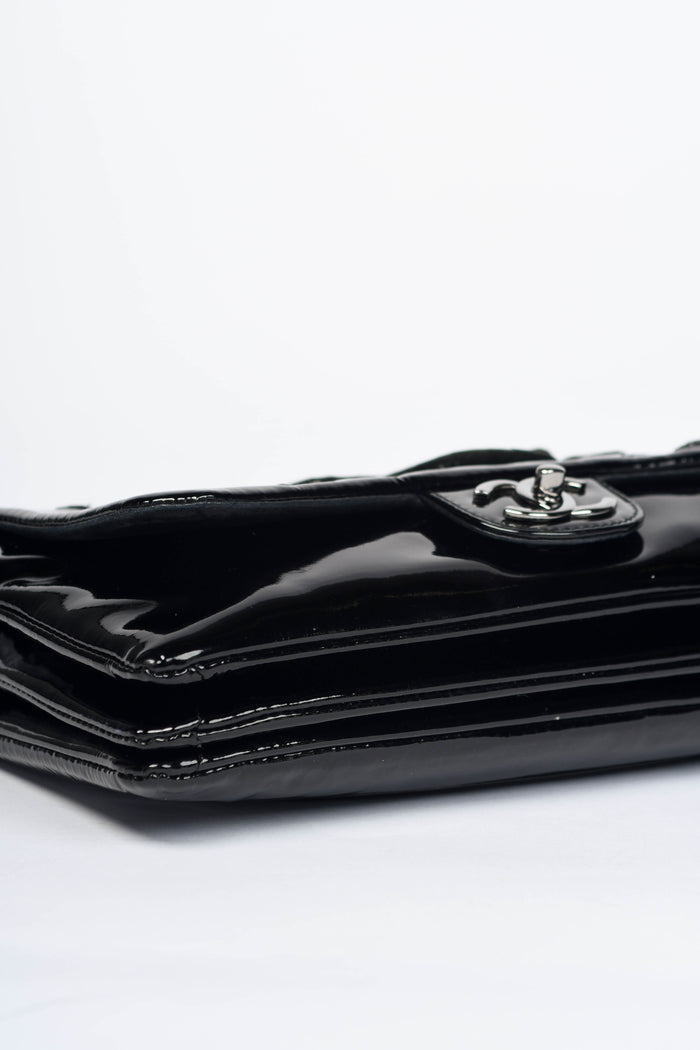 2010s Chanel Black Patent Leather Camellia Accordion Flap Shoulder Bag