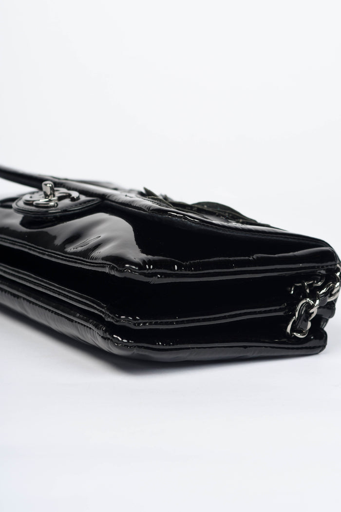 2010s Chanel Black Patent Leather Camellia Accordion Flap Shoulder Bag