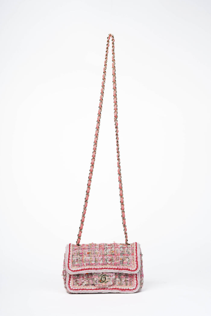 RARE 2019 Chanel Pink Tweed Mini Rectangular Single Flap Bag