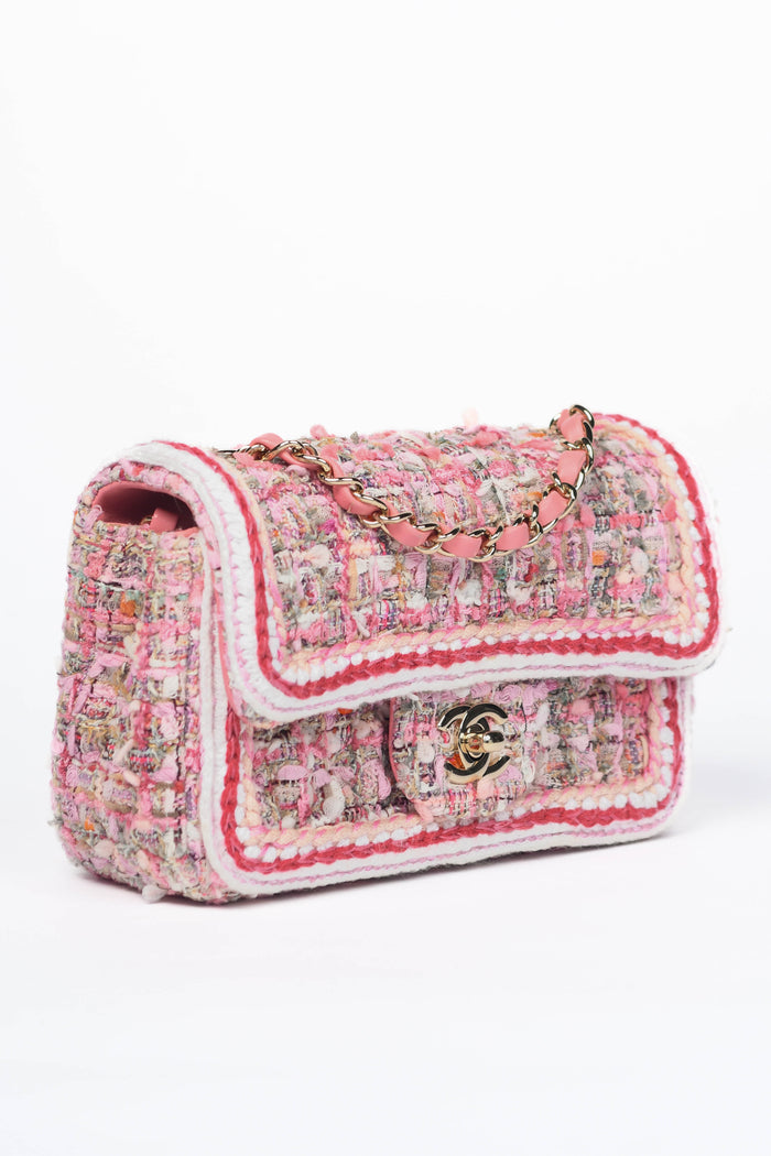 RARE 2019 Chanel Pink Tweed Mini Rectangular Single Flap Bag