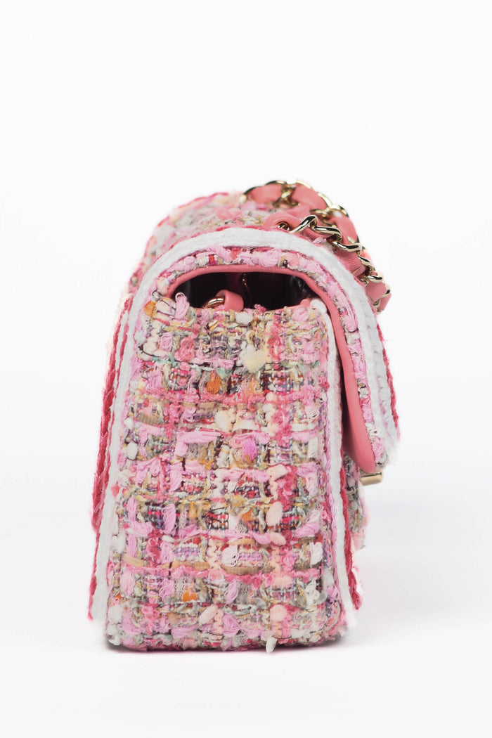 RARE 2019 Chanel Pink Tweed Mini Rectangular Single Flap Bag
