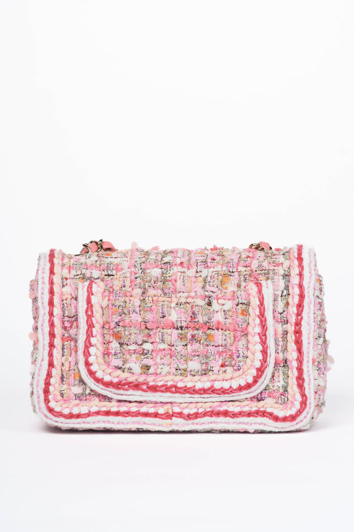 RARE 2019 Chanel Pink Tweed Mini Rectangular Single Flap Bag
