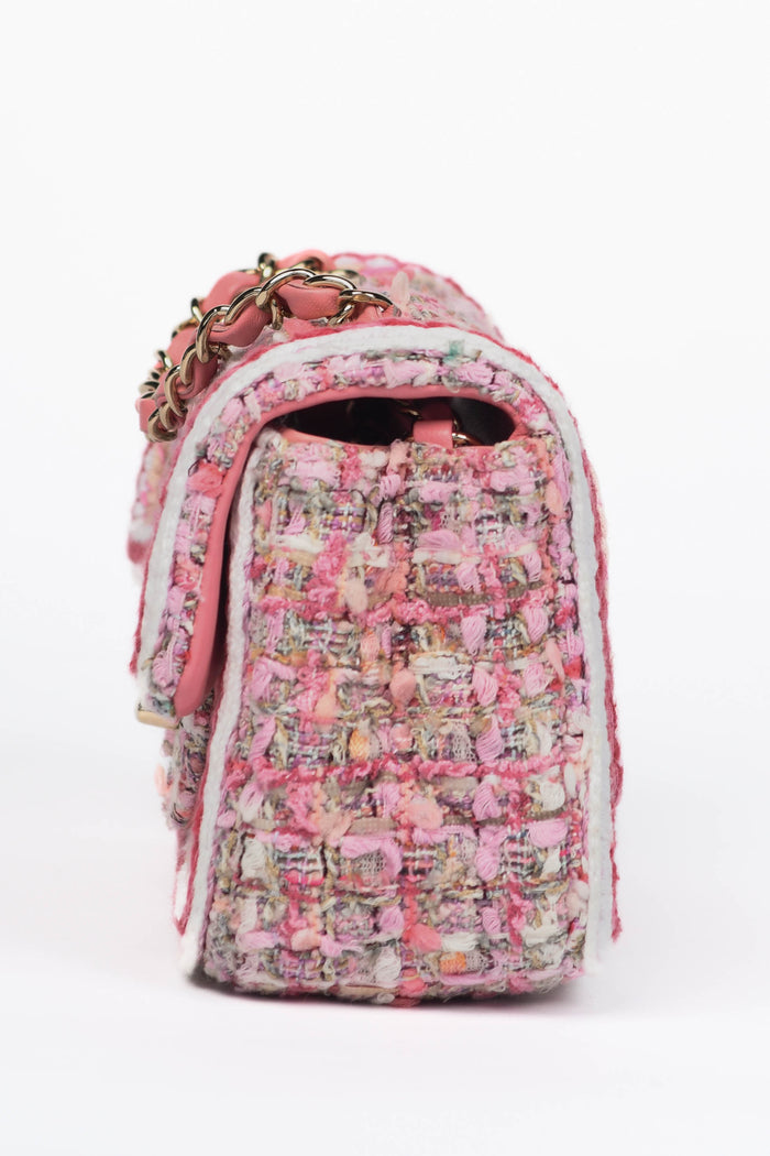 RARE 2019 Chanel Pink Tweed Mini Rectangular Single Flap Bag