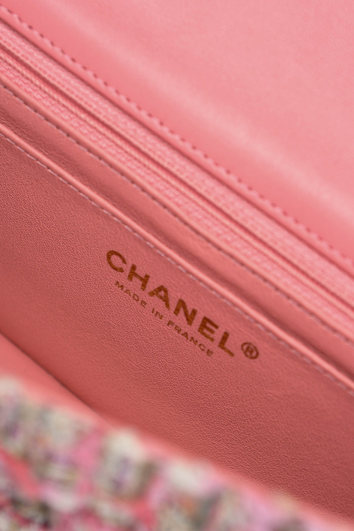 RARE 2019 Chanel Pink Tweed Mini Rectangular Single Flap Bag