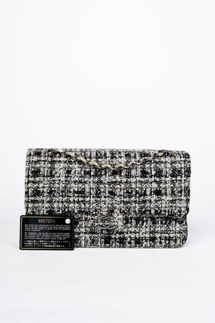 2000s Chanel Black & White Tweed Medium Double Flap Shoulder Bag