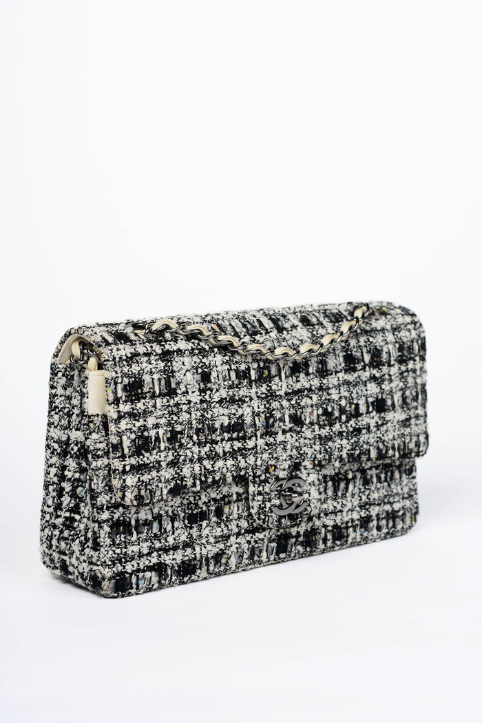 2000s Chanel Black & White Tweed Medium Double Flap Shoulder Bag