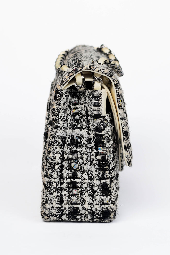 2000s Chanel Black & White Tweed Medium Double Flap Shoulder Bag