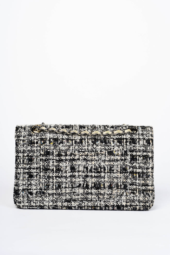 2000s Chanel Black & White Tweed Medium Double Flap Shoulder Bag