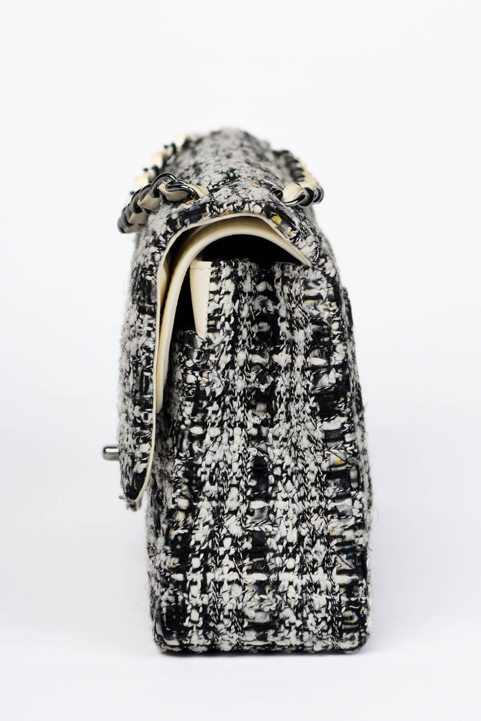 2000s Chanel Black & White Tweed Medium Double Flap Shoulder Bag