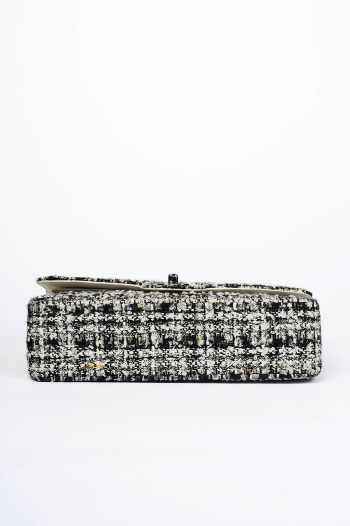 2000s Chanel Black & White Tweed Medium Double Flap Shoulder Bag