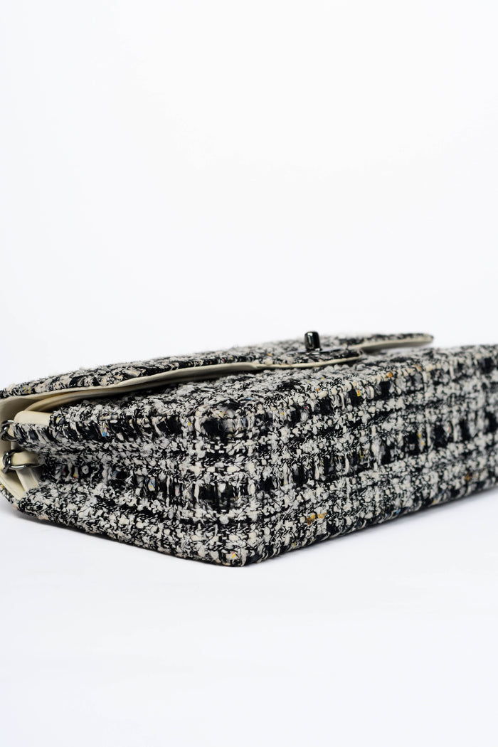 2000s Chanel Black & White Tweed Medium Double Flap Shoulder Bag