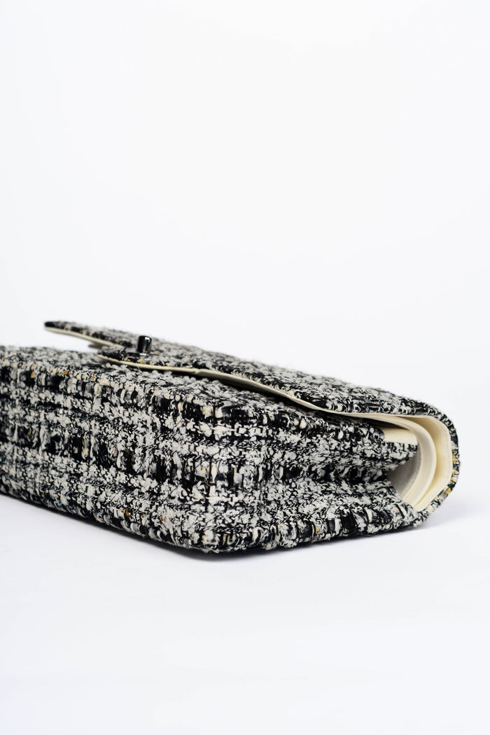2000s Chanel Black & White Tweed Medium Double Flap Shoulder Bag