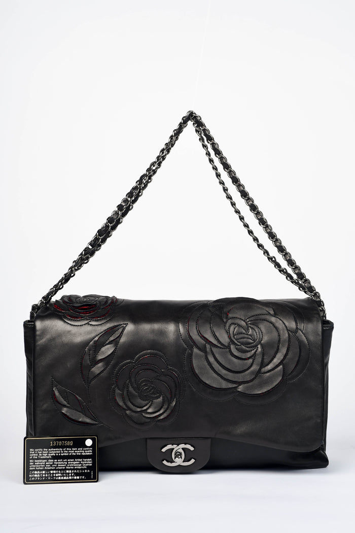 2000s Chanel Black Lambskin Leather Camellia Large Accordion Shoulder Bag