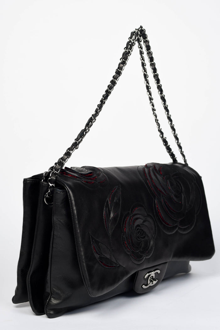 2000s Chanel Black Lambskin Leather Camellia Large Accordion Shoulder Bag