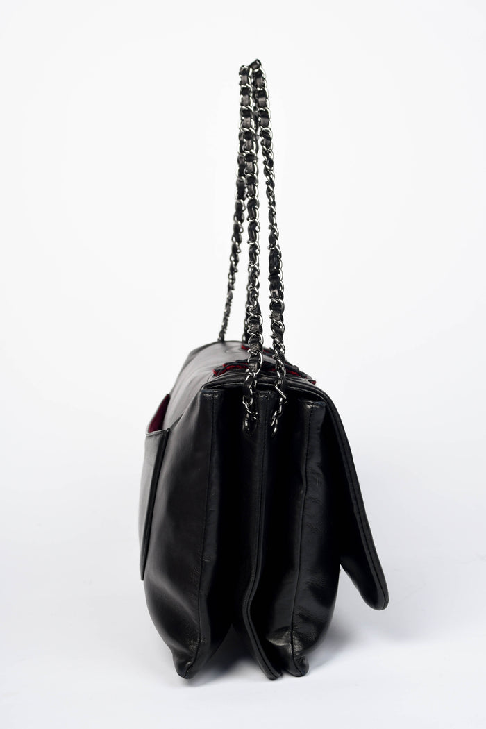 2000s Chanel Black Lambskin Leather Camellia Large Accordion Shoulder Bag