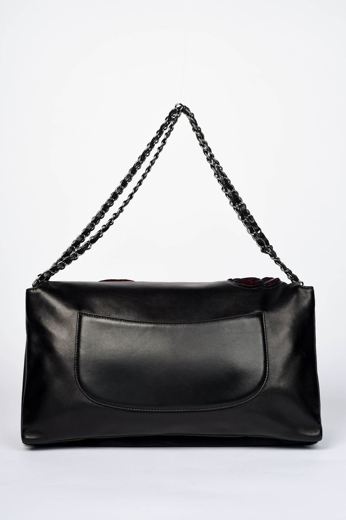 2000s Chanel Black Lambskin Leather Camellia Large Accordion Shoulder Bag