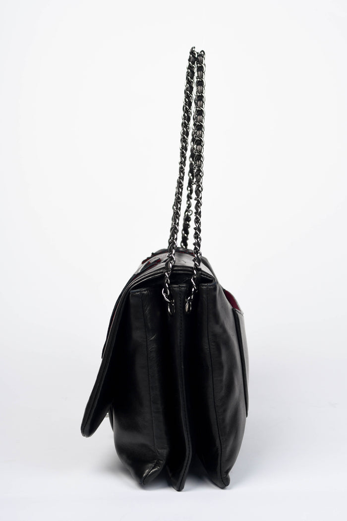 2000s Chanel Black Lambskin Leather Camellia Large Accordion Shoulder Bag