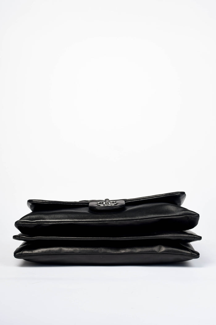 2000s Chanel Black Lambskin Leather Camellia Large Accordion Shoulder Bag