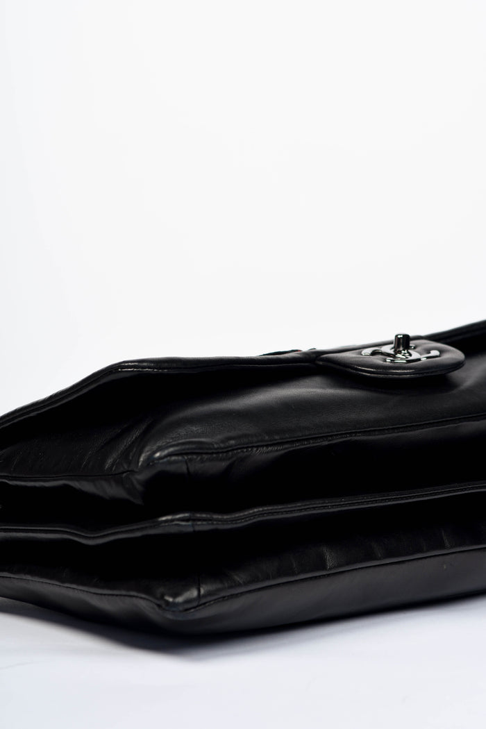 2000s Chanel Black Lambskin Leather Camellia Large Accordion Shoulder Bag