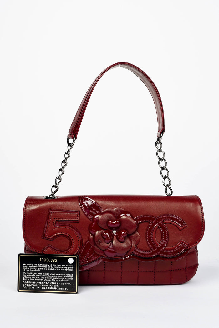 2000s Chanel Burgundy Leather No.5 Camellia Single Flap Shoulder Bag