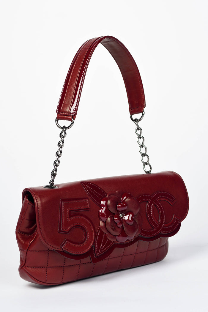 2000s Chanel Burgundy Leather No.5 Camellia Single Flap Shoulder Bag