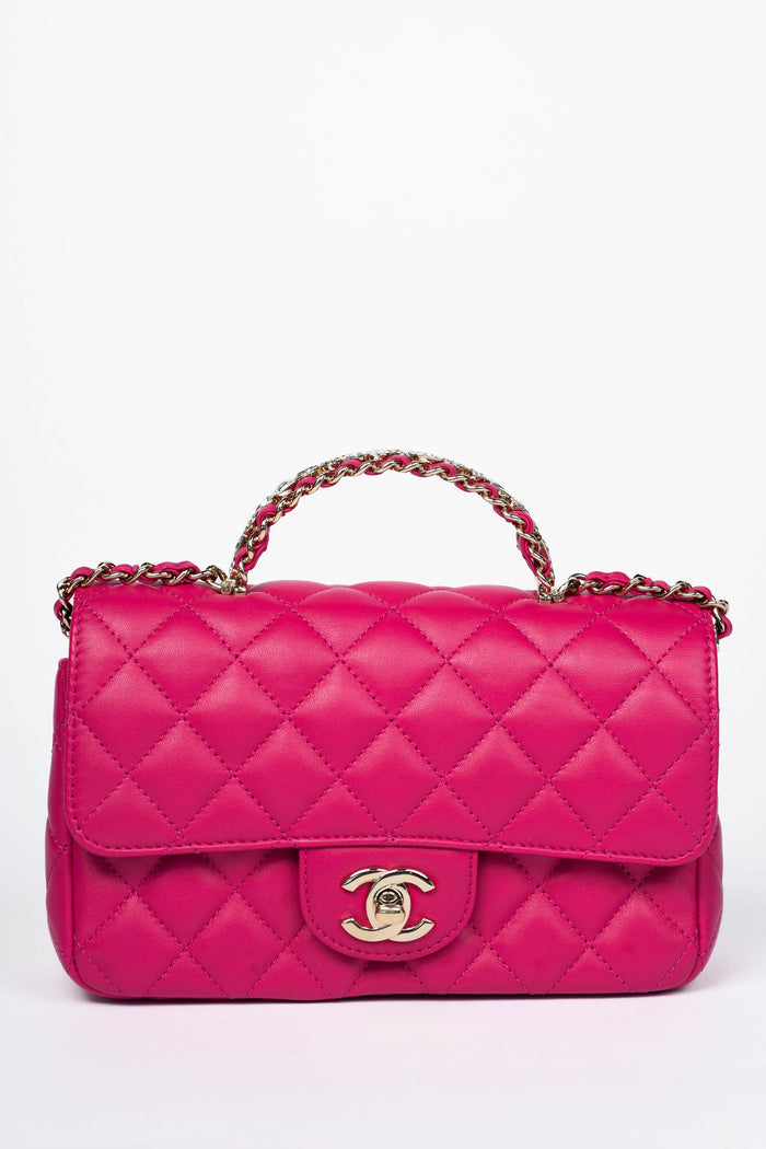 2020s Chanel Pink Lambskin Leather Mini Rectangular Diamanté Top Handle Bag
