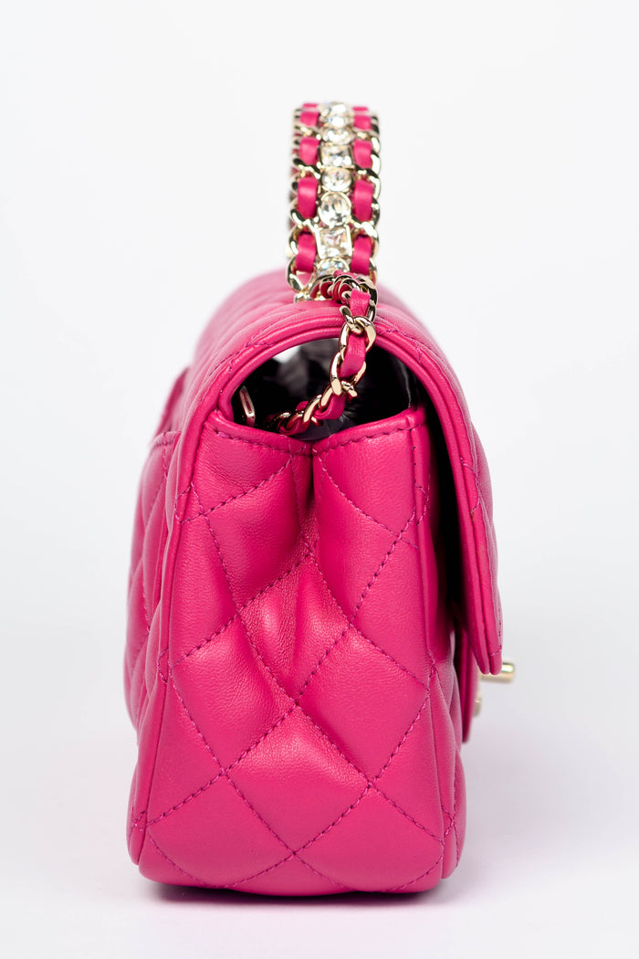 2020s Chanel Pink Lambskin Leather Mini Rectangular Diamanté Top Handle Bag