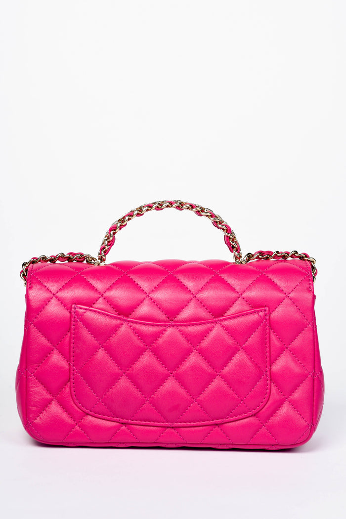 2020s Chanel Pink Lambskin Leather Mini Rectangular Diamanté Top Handle Bag