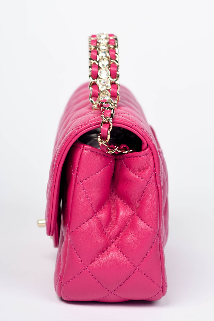 2020s Chanel Pink Lambskin Leather Mini Rectangular Diamanté Top Handle Bag