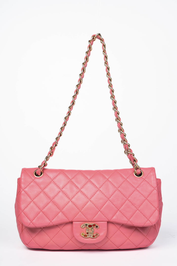 2000s Chanel Pink Lambskin Leather Precious Jewel Flap Shoulder Bag