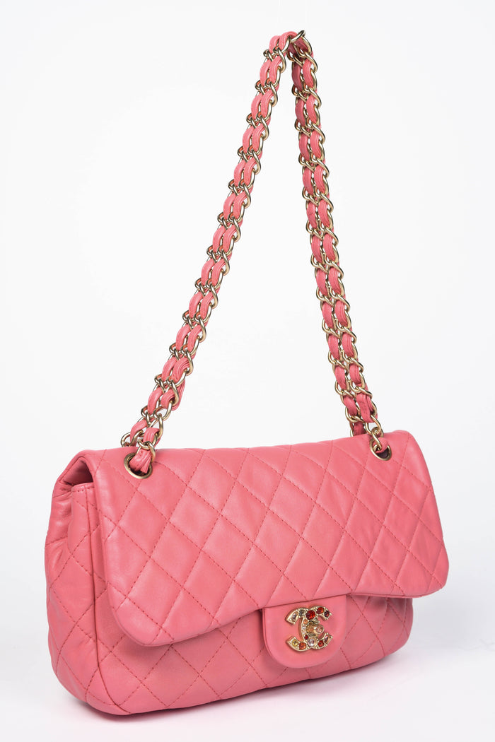 2000s Chanel Pink Lambskin Leather Precious Jewel Flap Shoulder Bag