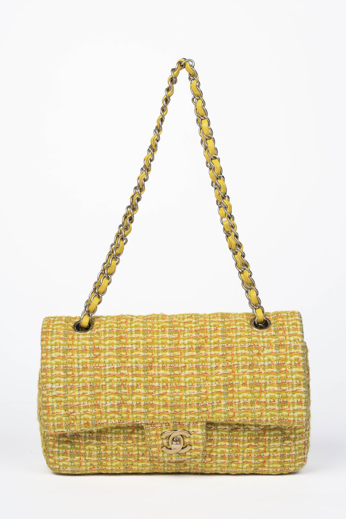 2010s Chanel Yellow Tweed Medium Double Flap Shoulder Bag