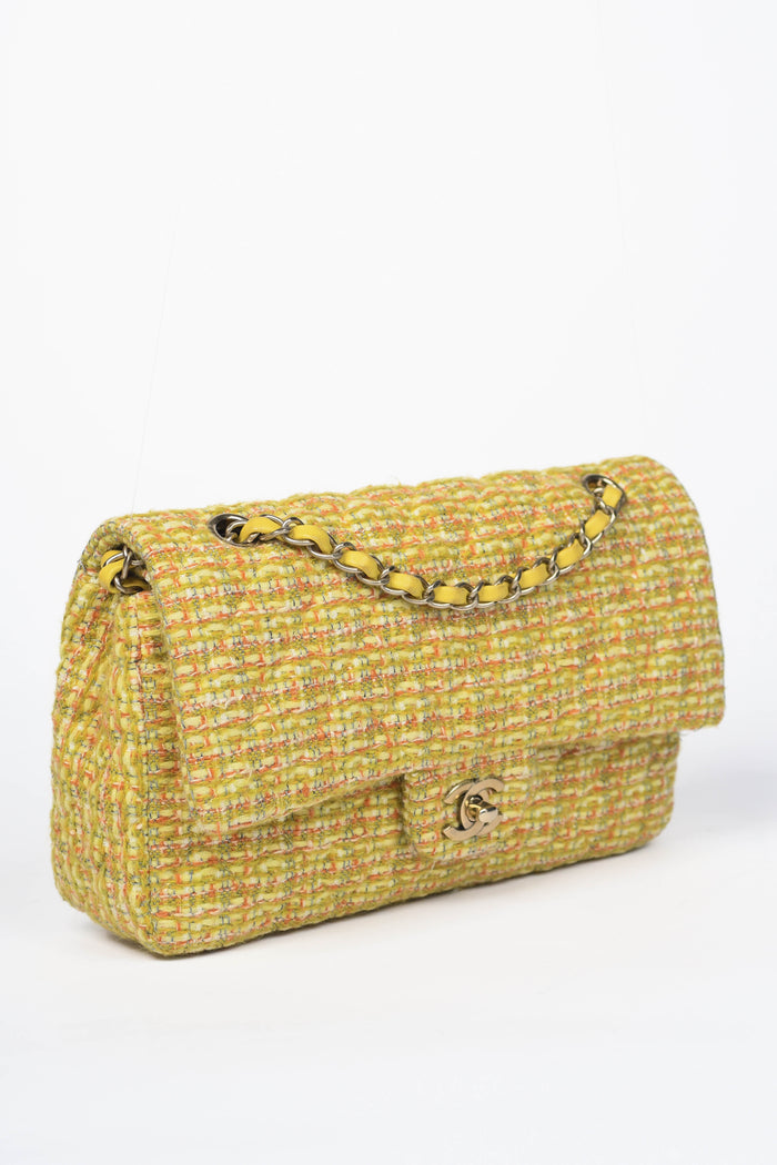 2010s Chanel Yellow Tweed Medium Double Flap Shoulder Bag