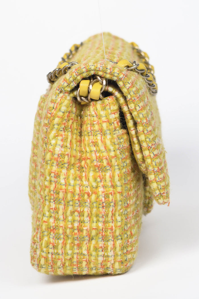 2010s Chanel Yellow Tweed Medium Double Flap Shoulder Bag