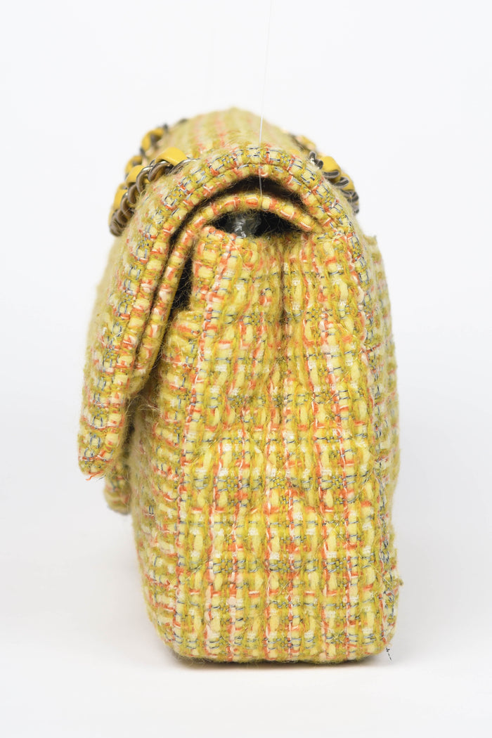2010s Chanel Yellow Tweed Medium Double Flap Shoulder Bag