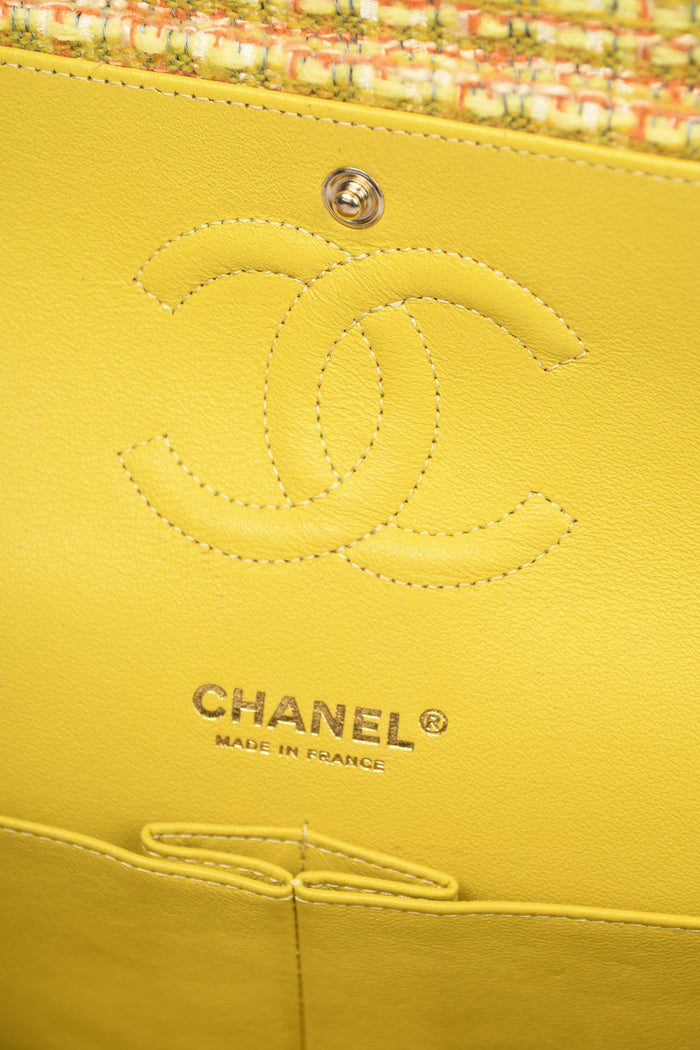 2010s Chanel Yellow Tweed Medium Double Flap Shoulder Bag