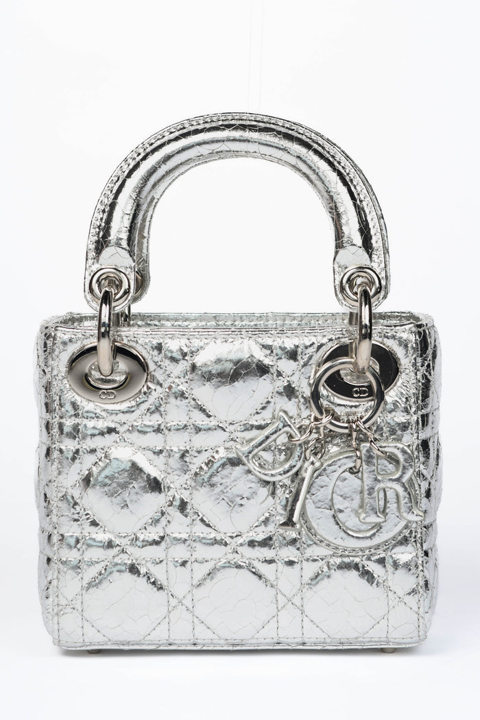 RARE 2017 Christian Dior Silver Crinkled Leather Mini Lady Dior
