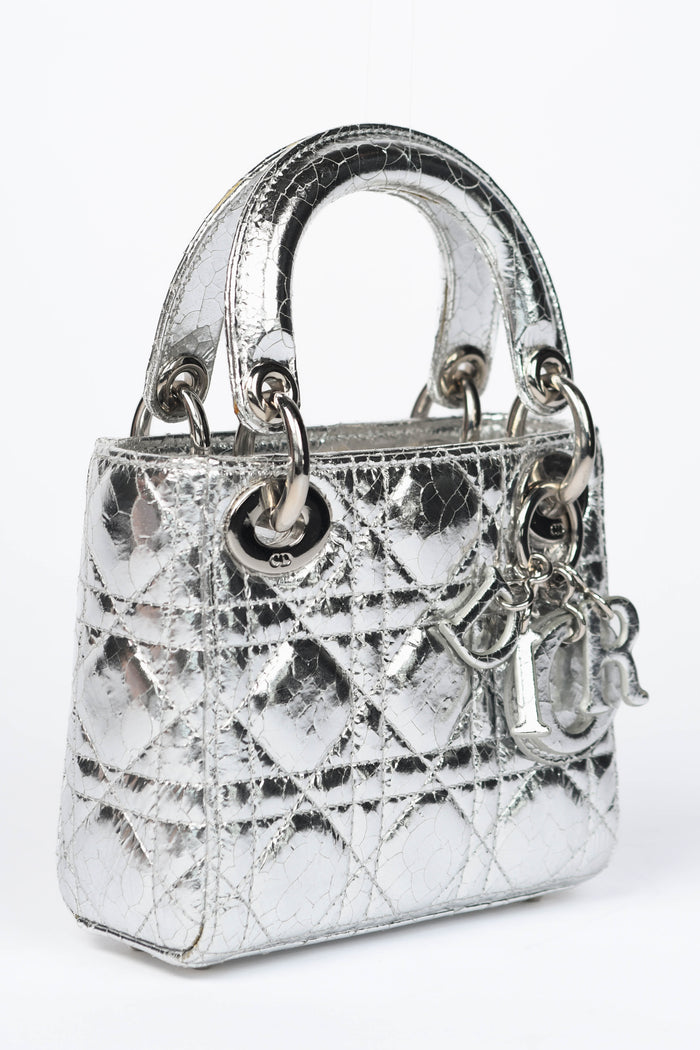 RARE 2017 Christian Dior Silver Crinkled Leather Mini Lady Dior