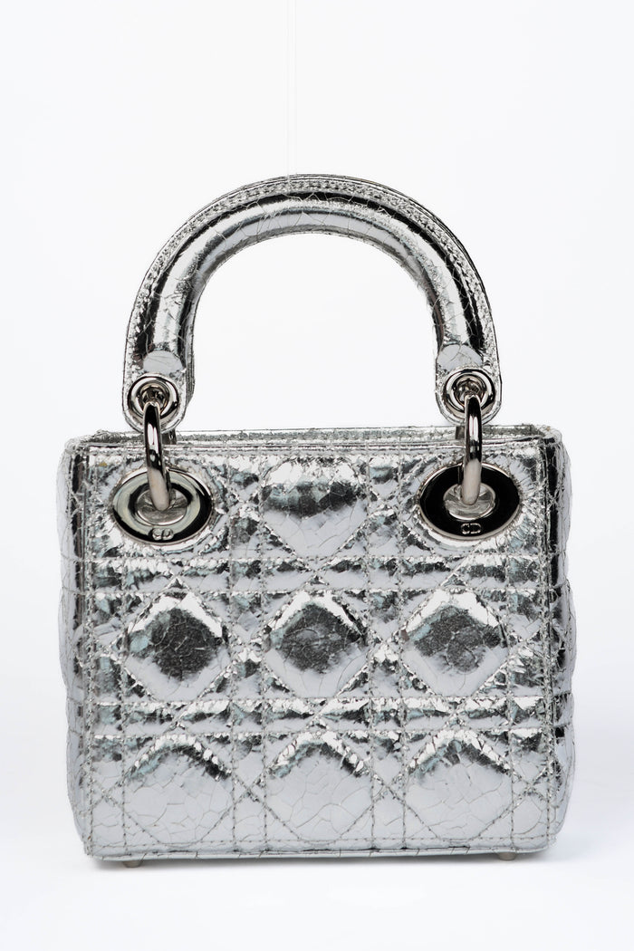 RARE 2017 Christian Dior Silver Crinkled Leather Mini Lady Dior