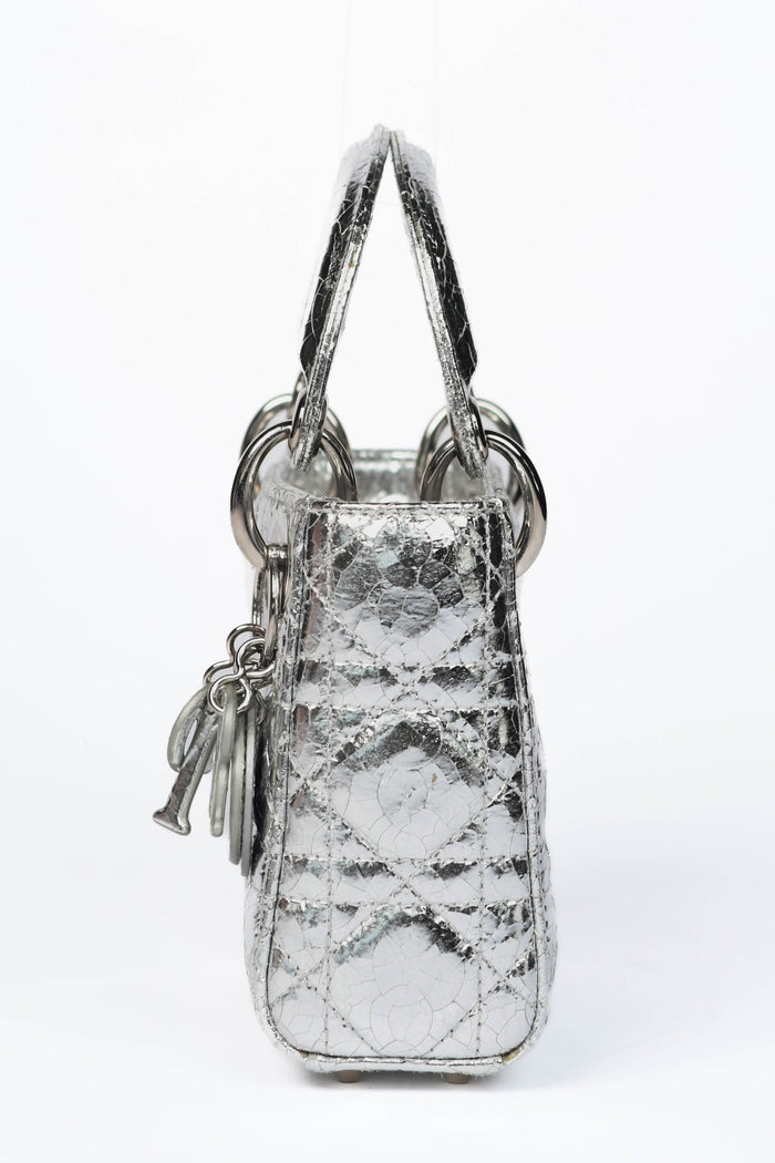 RARE 2017 Christian Dior Silver Crinkled Leather Mini Lady Dior