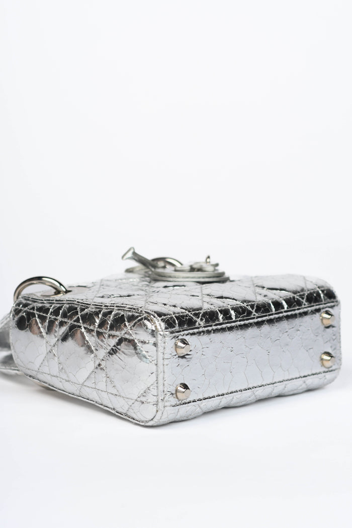 RARE 2017 Christian Dior Silver Crinkled Leather Mini Lady Dior