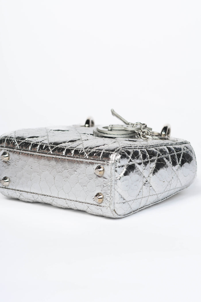 RARE 2017 Christian Dior Silver Crinkled Leather Mini Lady Dior