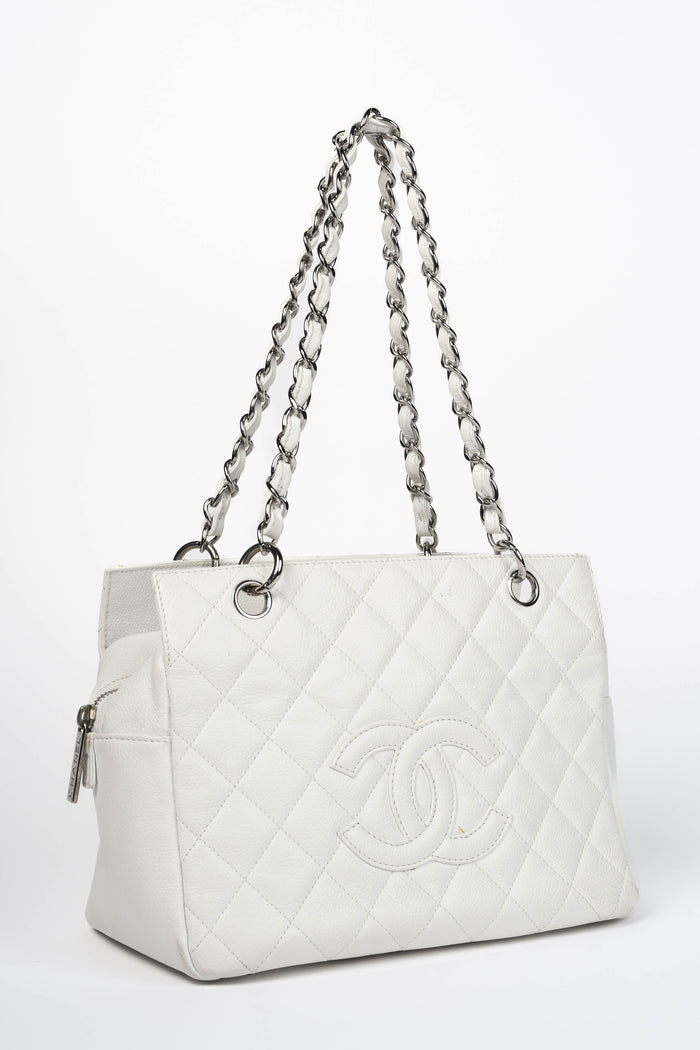 2000s Chanel White Caviar Leather Petite Timeless Tote Bag