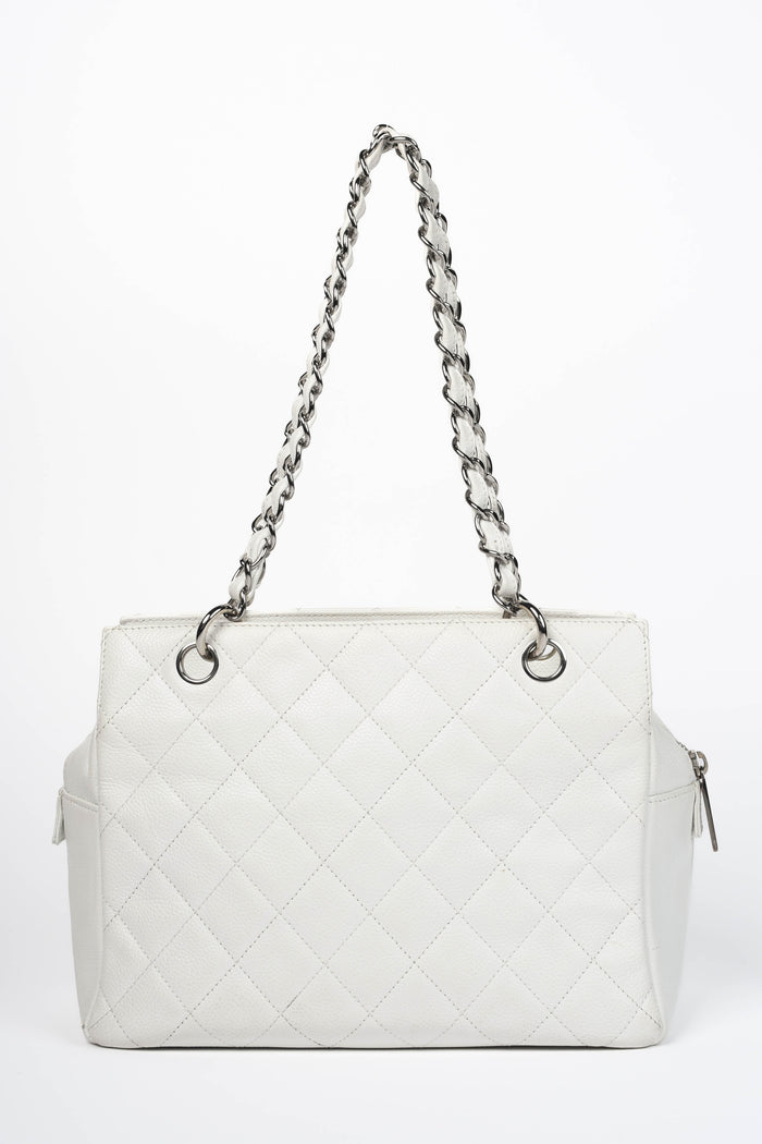 2000s Chanel White Caviar Leather Petite Timeless Tote Bag